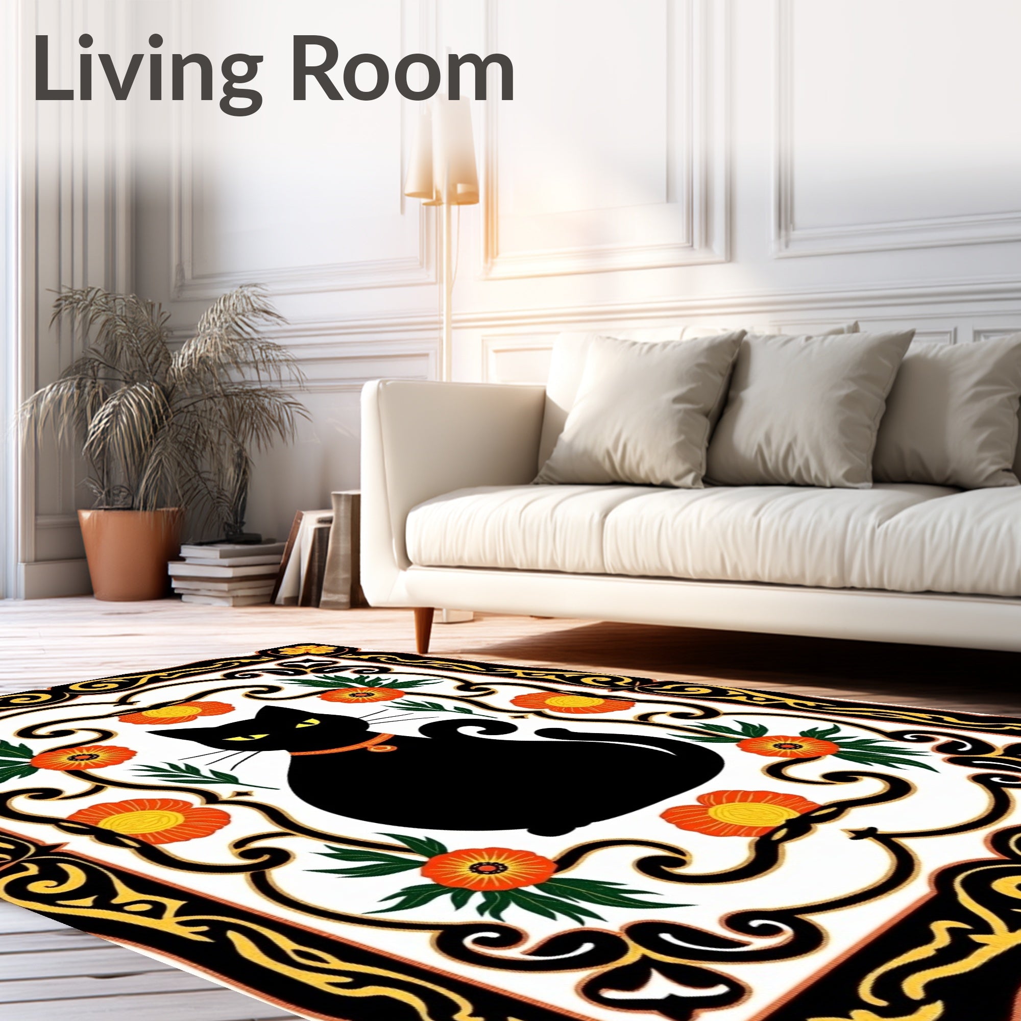 Black Cat Orange Floral Border Rug
