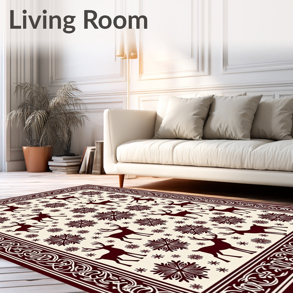 Maroon Deer Snowflake Folk Art Rug