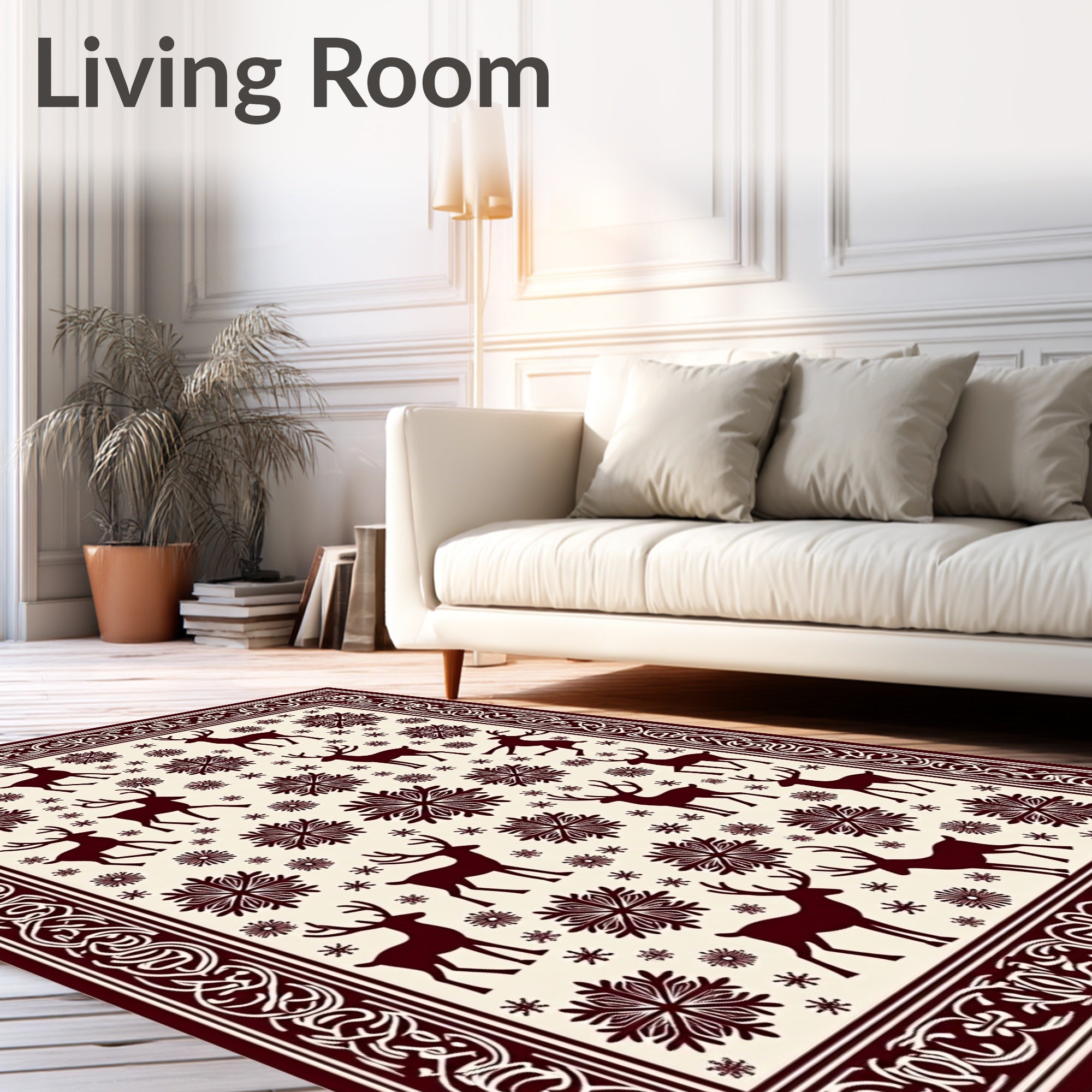 Maroon Deer Snowflake Folk Art Rug