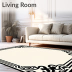 Black Cream Ornate Scrollwork Border Rug