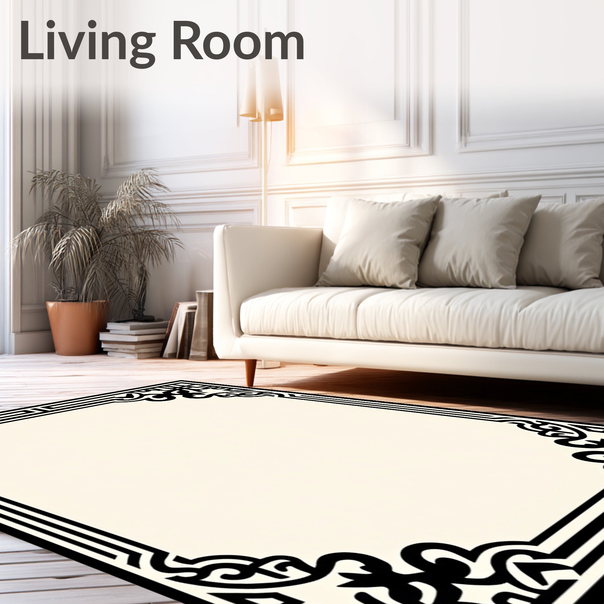 Black Cream Ornate Scrollwork Border Rug