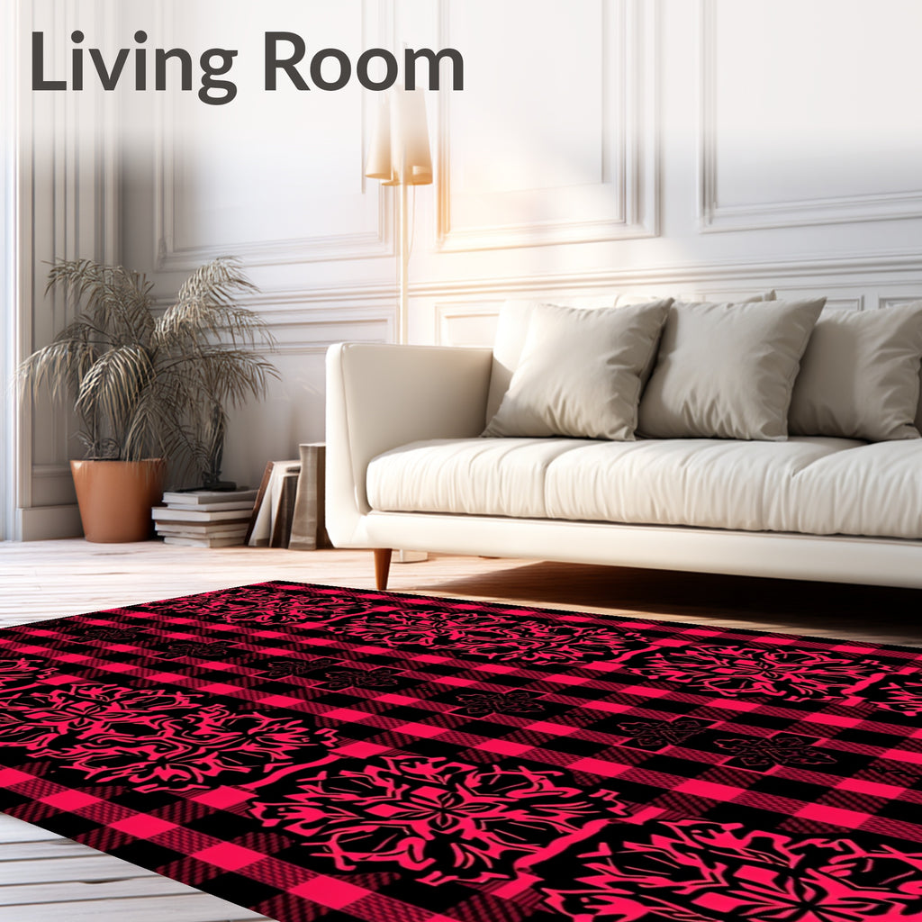 Red Black Buffalo Plaid Mandala Rug