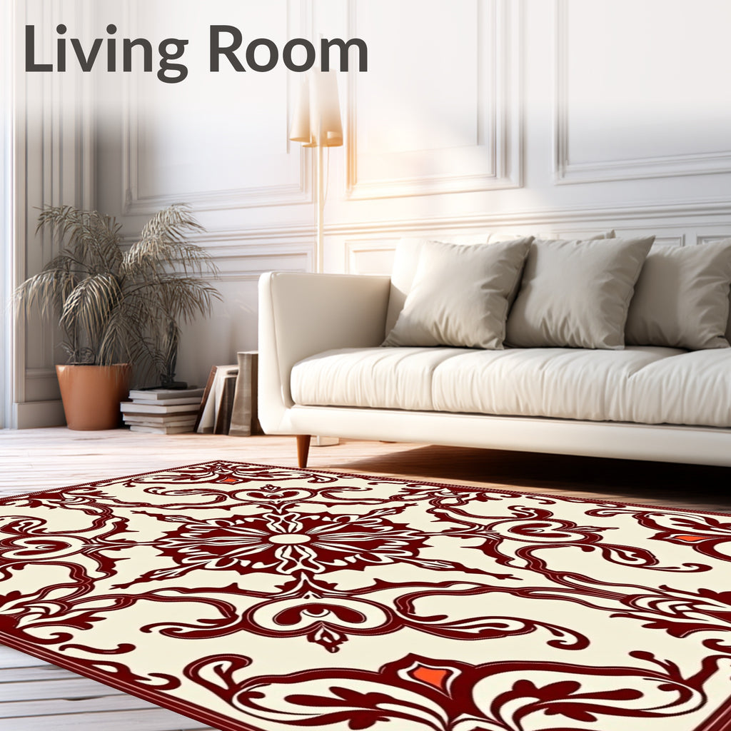 Deep Red Vine Scroll Ivory Rug