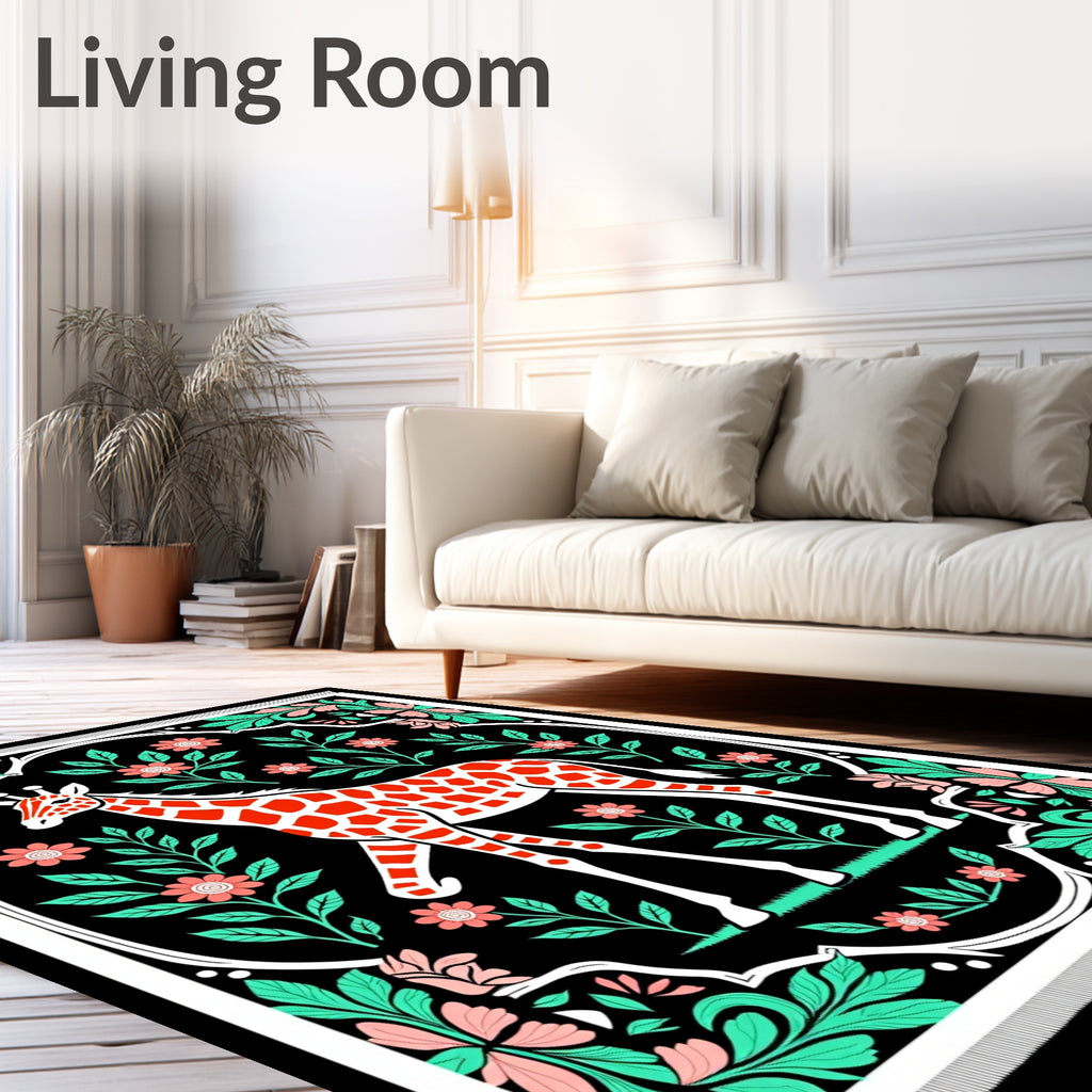 Bold Orange Giraffe Floral Meadow Rug