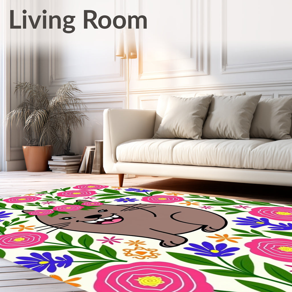 Happy Brown Cat Floral Wreath Rug