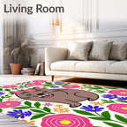 Happy Brown Cat Floral Wreath Rug
