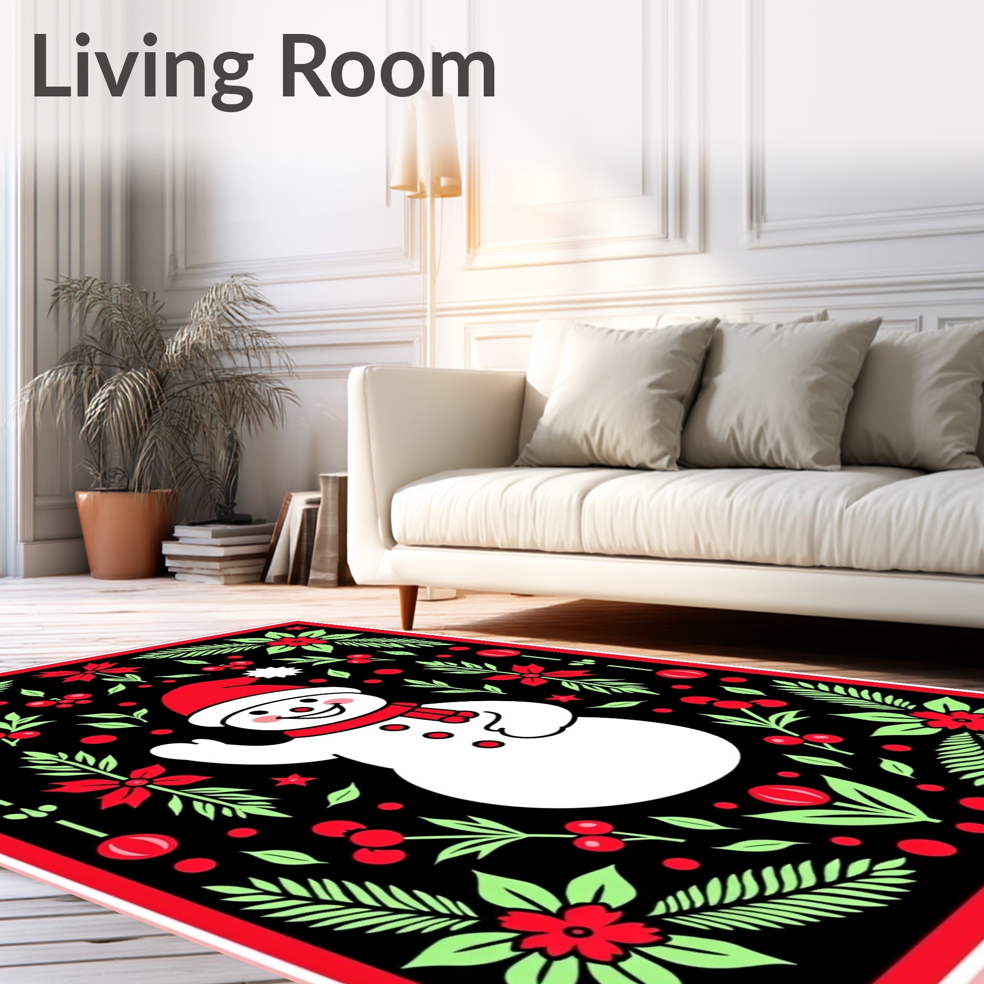 Whimsical Snowman Black Festive Floral Rug