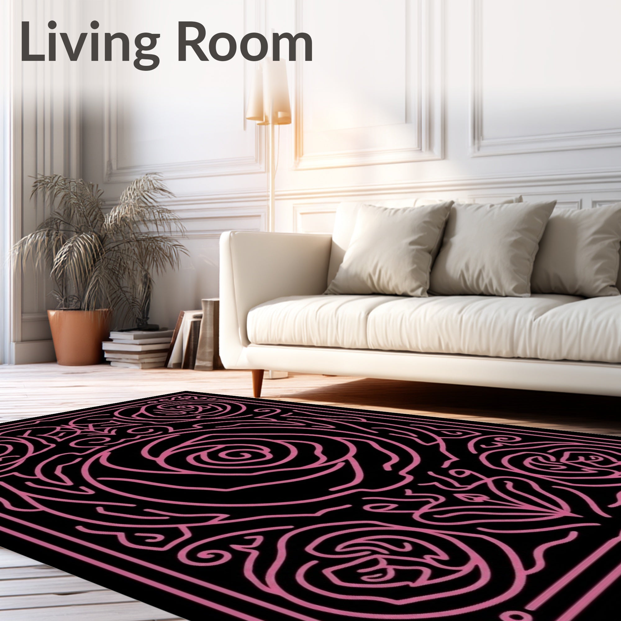 Pink Outline Rose Floral Frame Rug