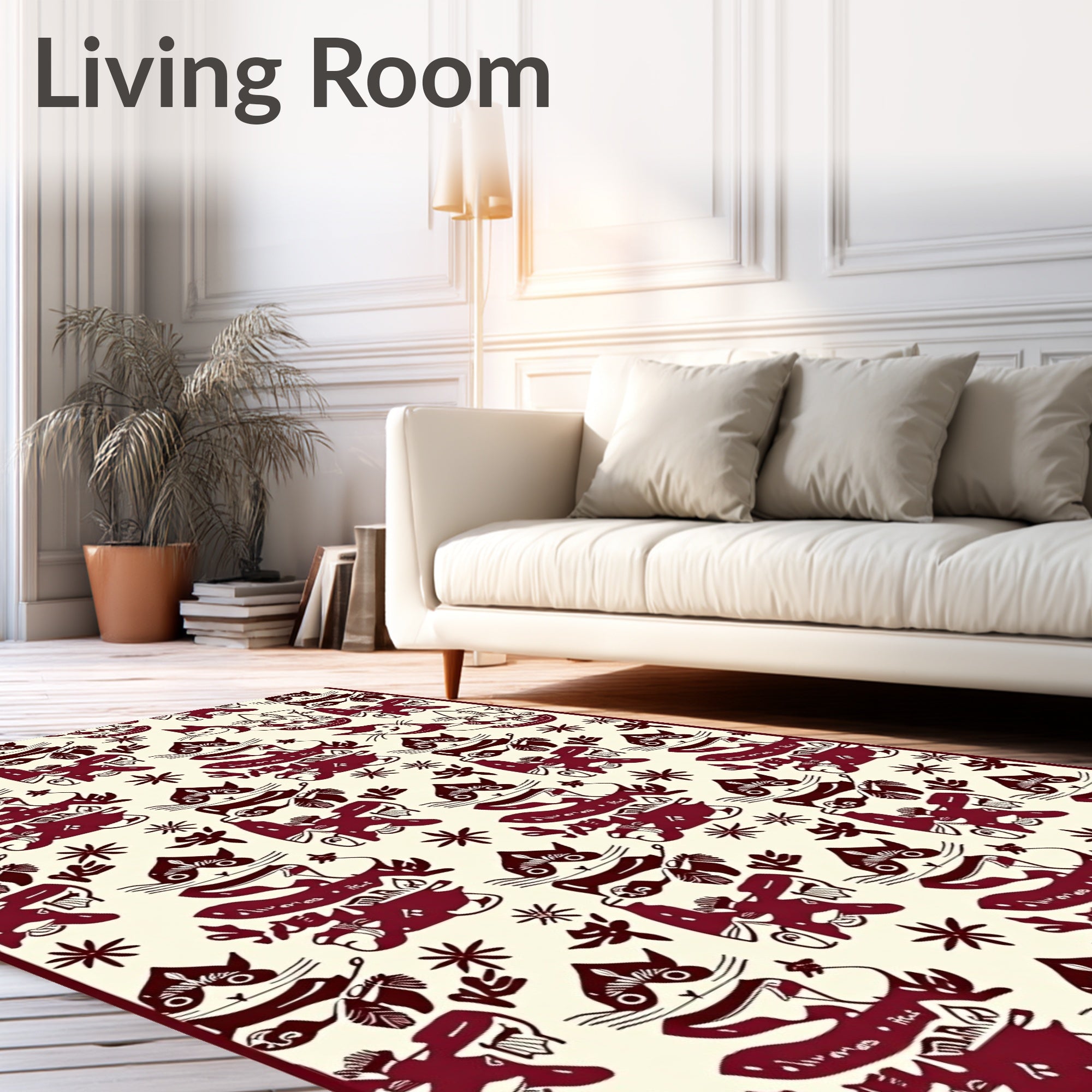 Deep Red Whimsical Cat Sailboat Collage Rug
