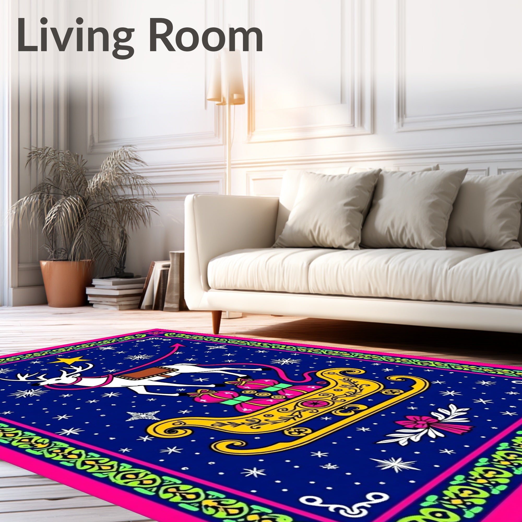 Vibrant Reindeer Sleigh Snowy Night Rug