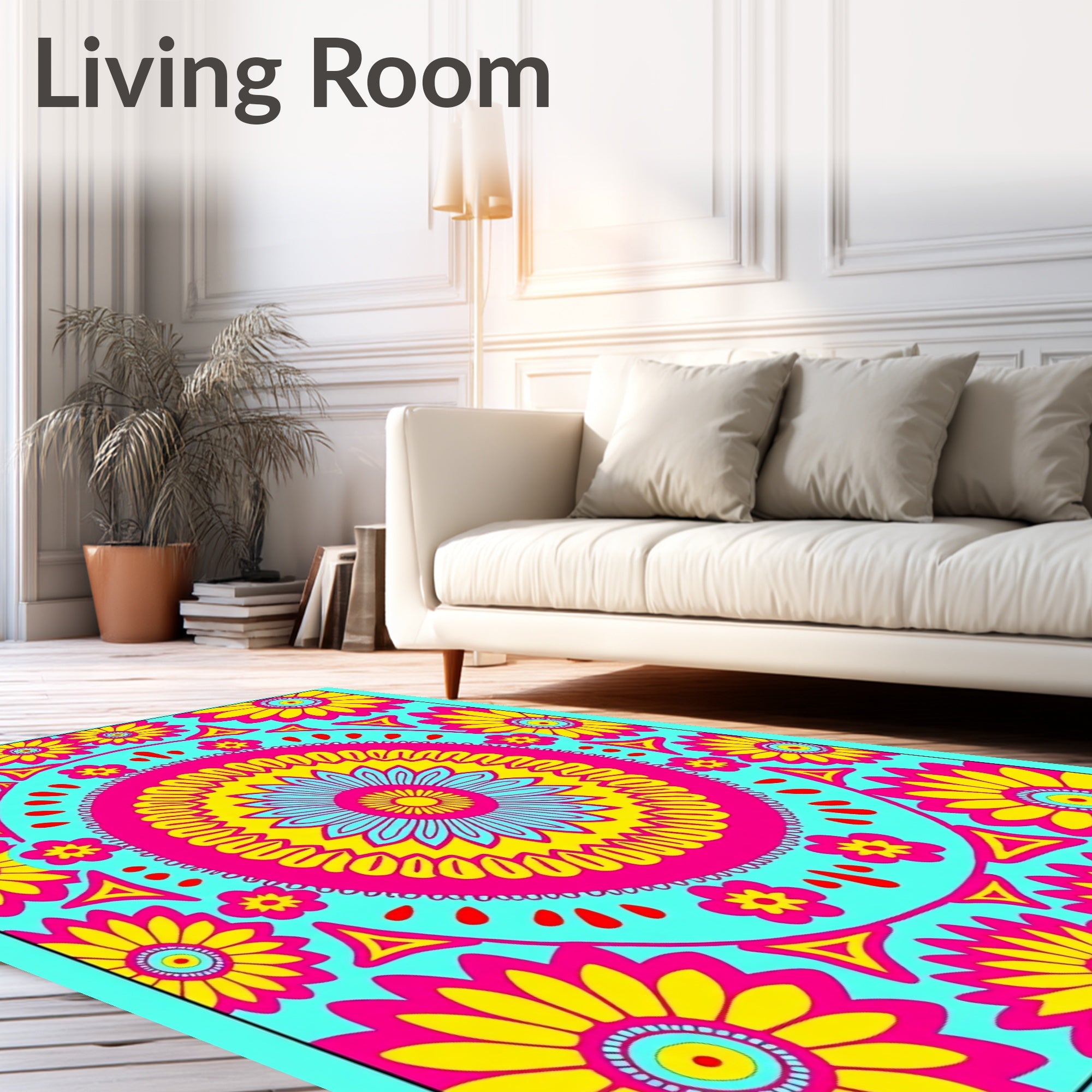 Bright Pink Yellow Floral Mandala Rug
