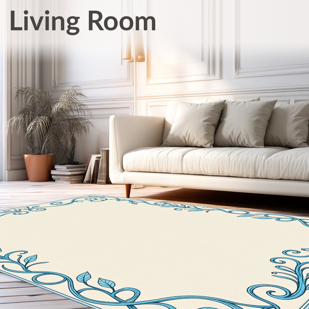 Sky Blue Floral Vine Border Rug