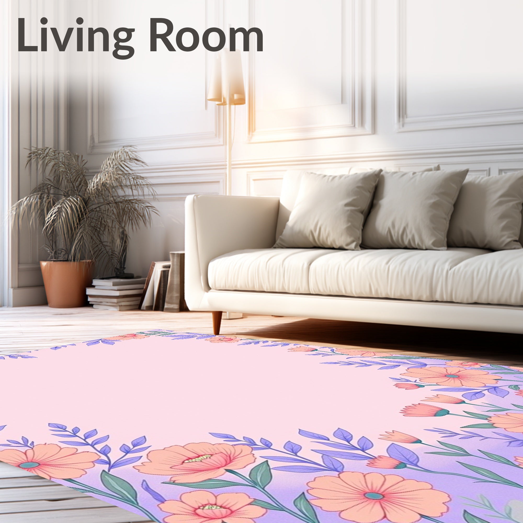 Pastel Peach Floral Border Meadow Rug
