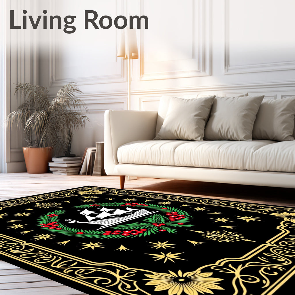 Nautical Black Gold Floral Ship Wreath Rug