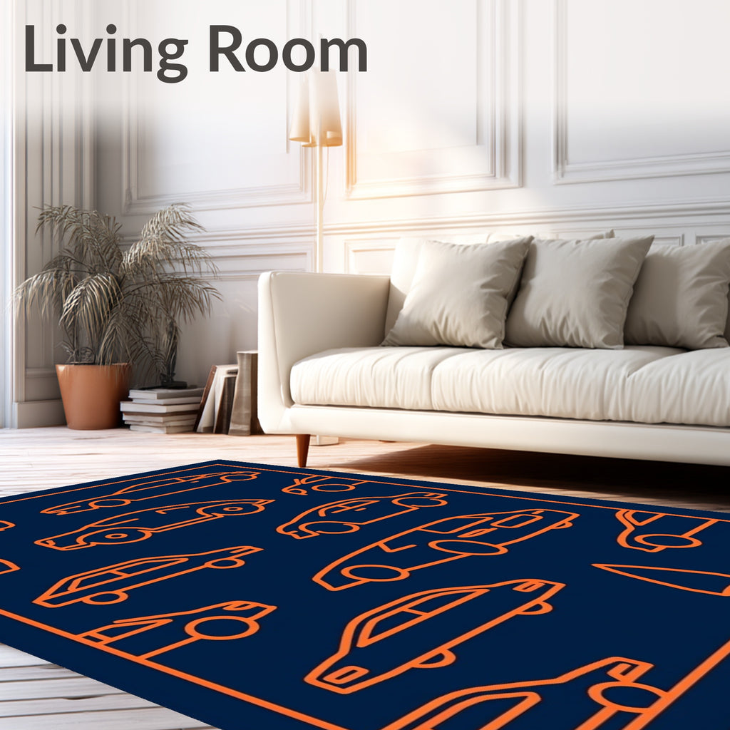 Orange Car Line Art Collection Dark Rug