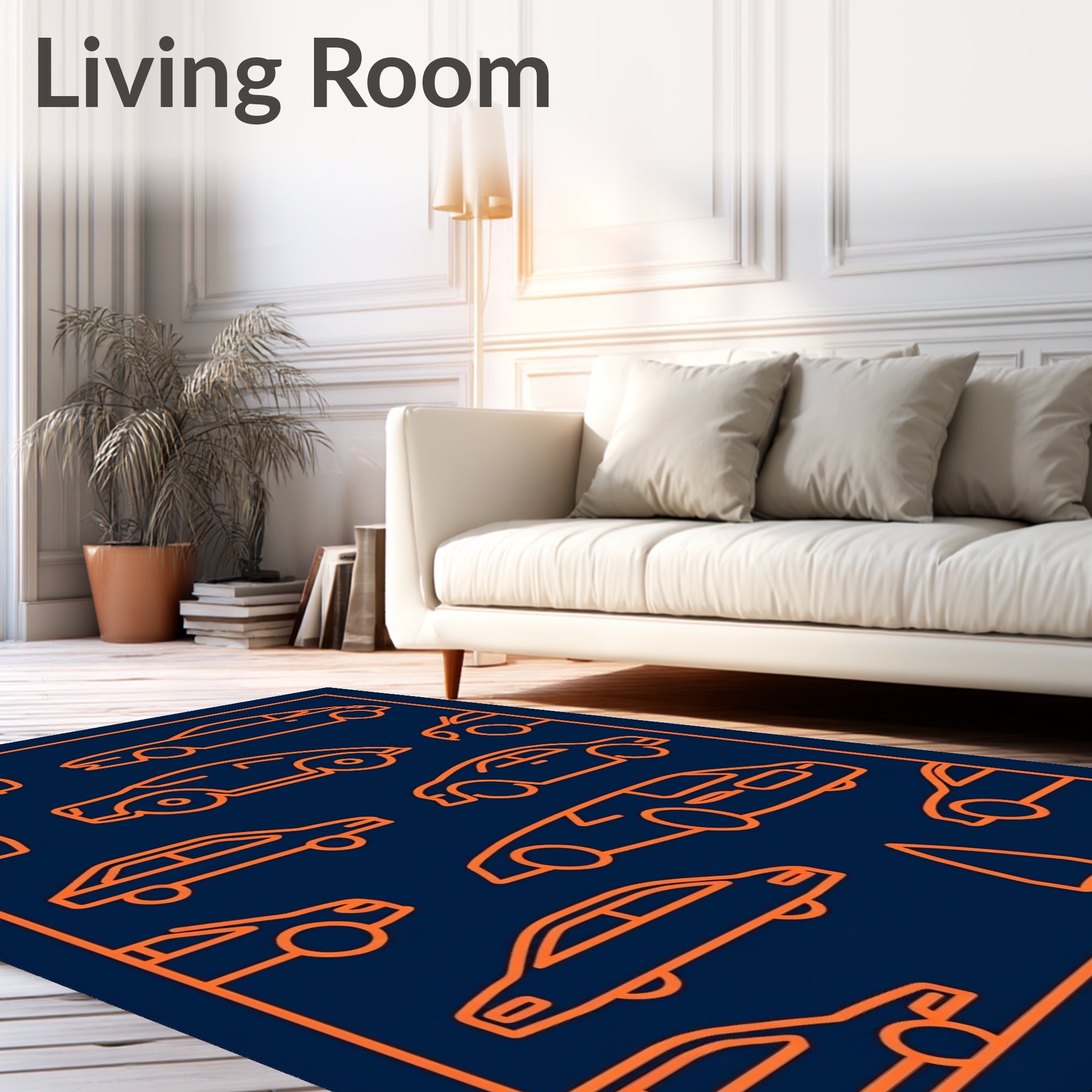 Orange Car Line Art Collection Dark Rug