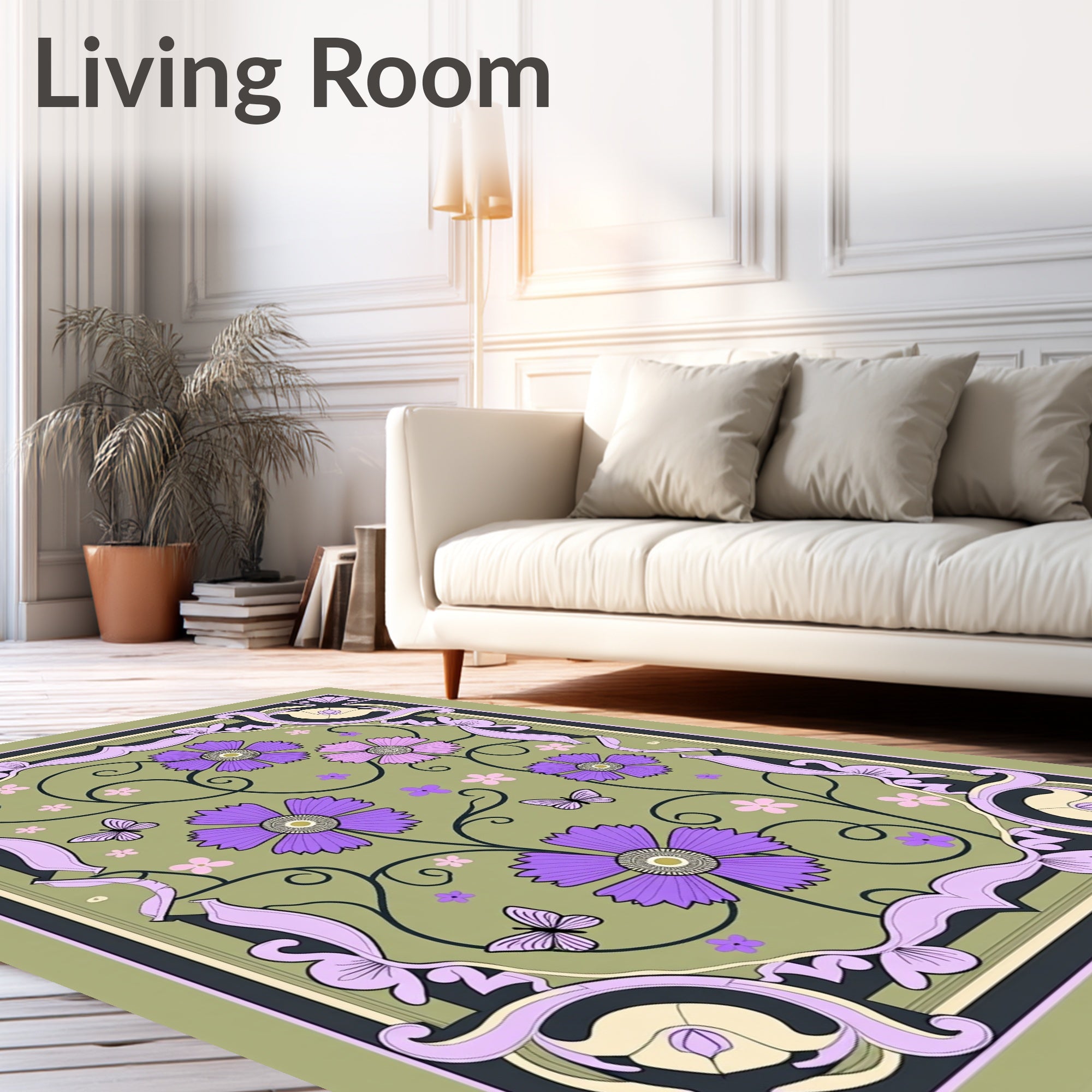 Purple Floral Butterflies Garden Border Rug