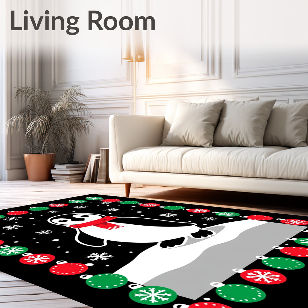 Festive Red Green Penguin Snowflakes Ornaments Rug