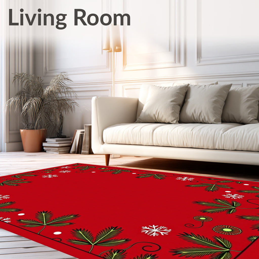 Festive Red Green Leaf Snowfall Frame Rug