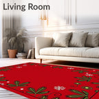 Festive Red Green Leaf Snowfall Frame Rug