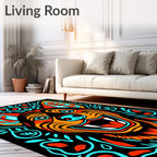 Vibrant Cyan Orange Canine Floral Swirls Rug