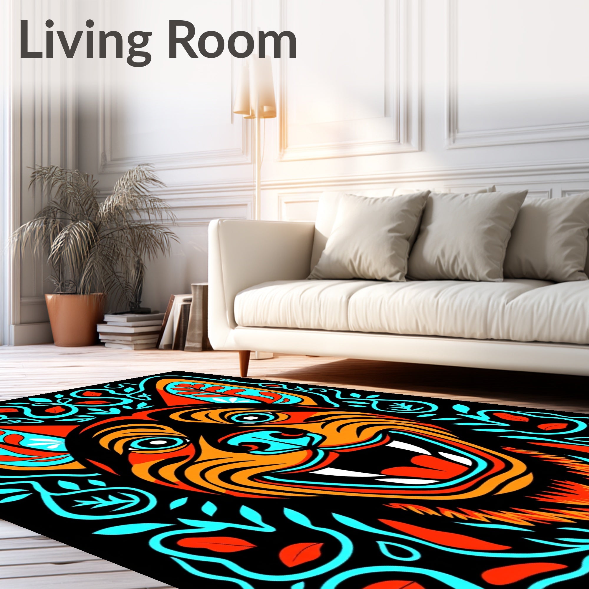 Vibrant Cyan Orange Canine Floral Swirls Rug