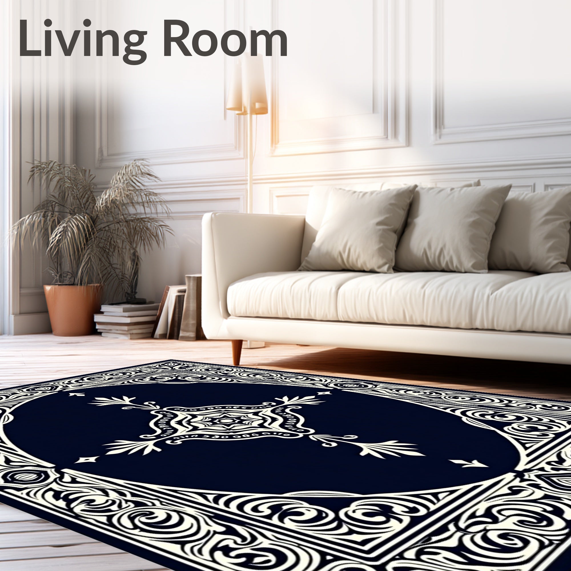 Navy Cream Scrollwork Oval Medallion Rug