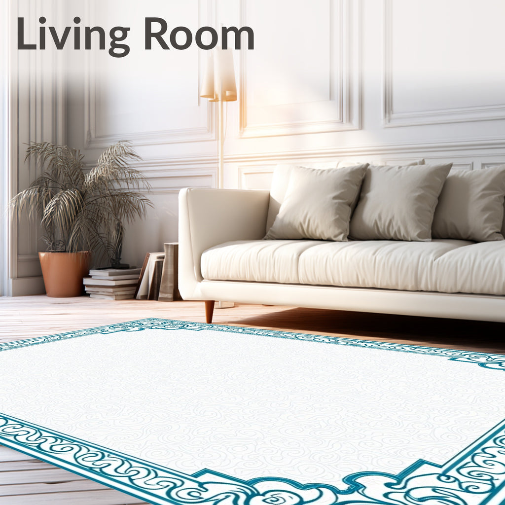 Teal Border Swirl Background Rug