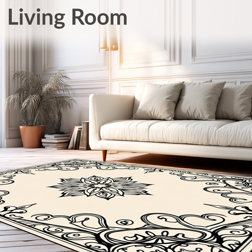 Black Floral Medallion Corner Frame Rug