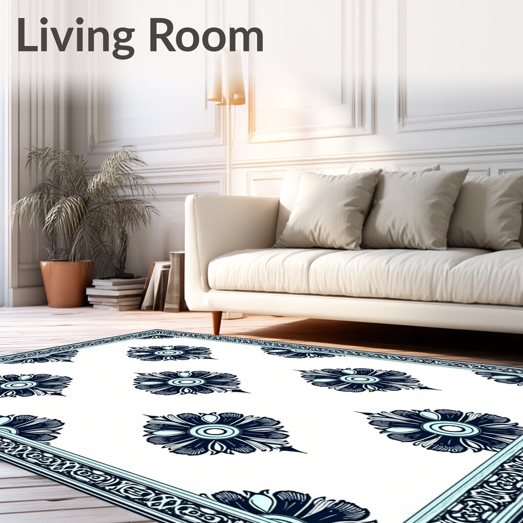 Deep Blue Floral Frame Medallion Rug
