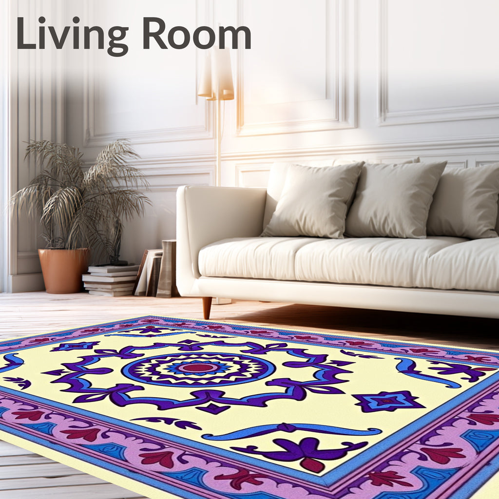 Cream Purple Blue Floral Medallion Rug