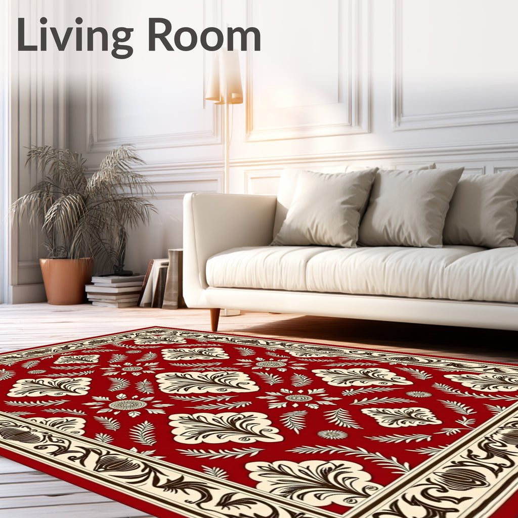 Crimson Damask Floral Border Rug
