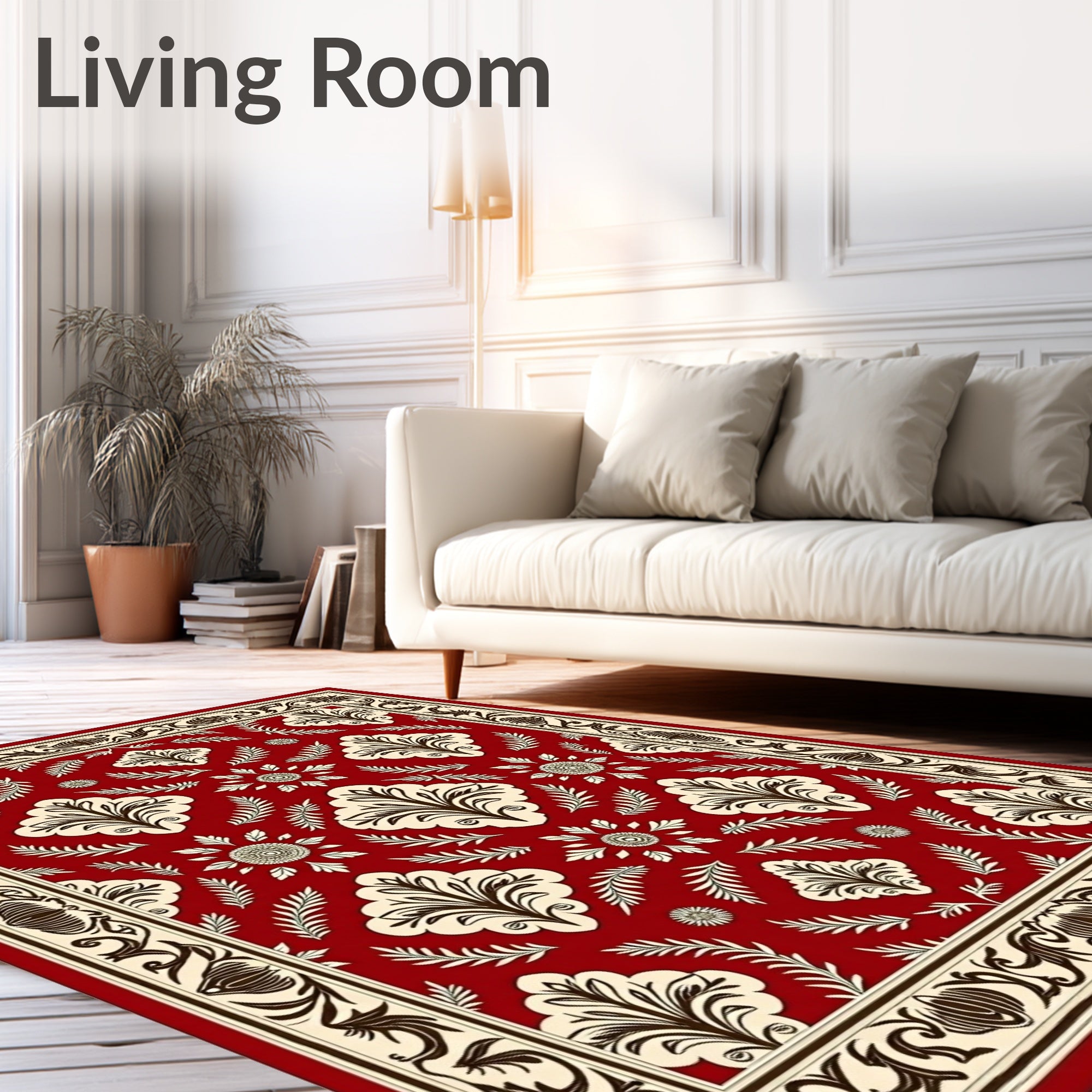 Crimson Damask Floral Border Rug