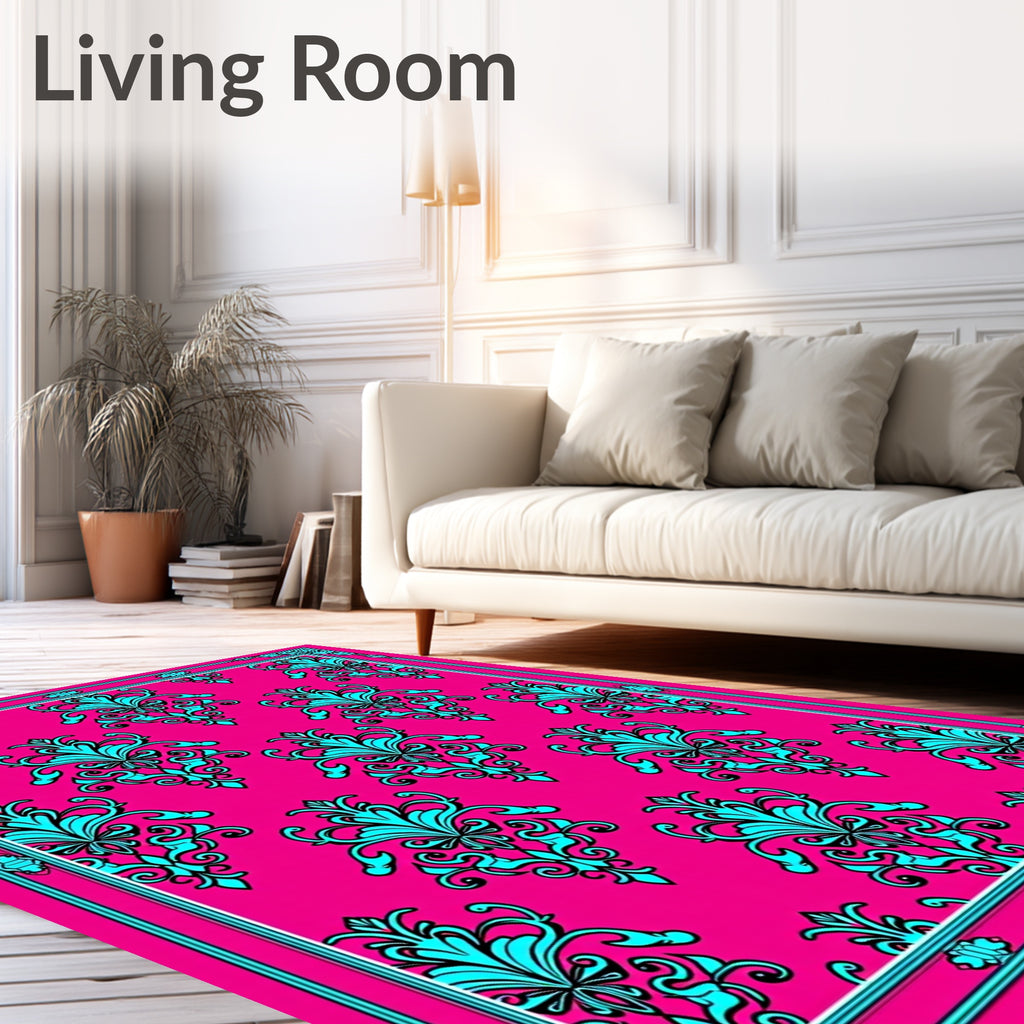Vibrant Pink Turquoise Damask Scroll Rug