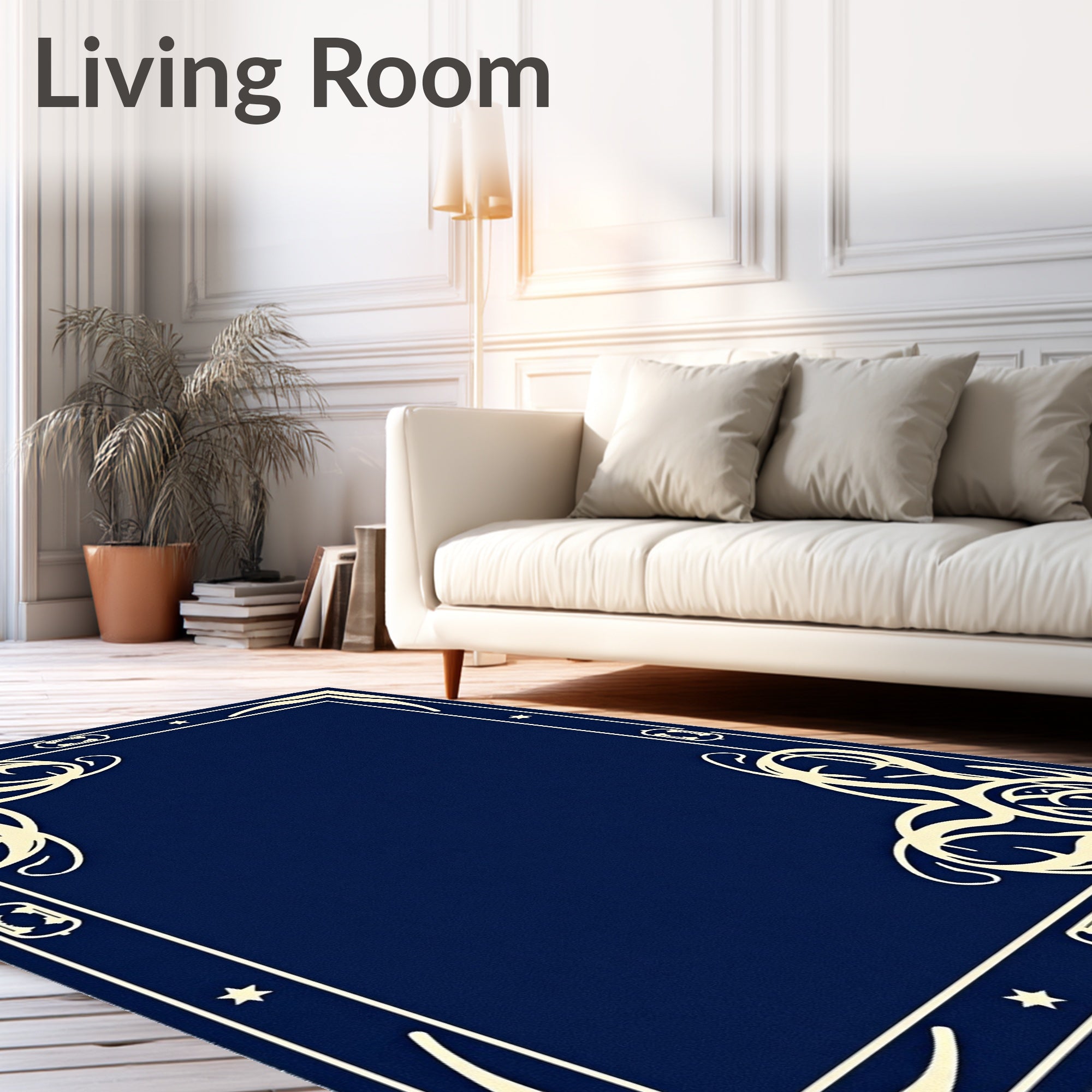 Navy Blue Cream Ornamental Frame Rug