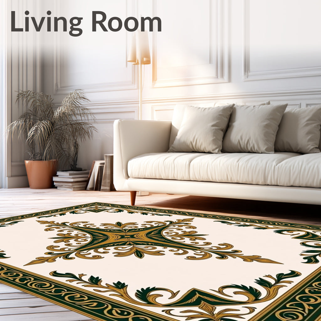 Elegant Ivory and Emerald Floral Scroll Rug