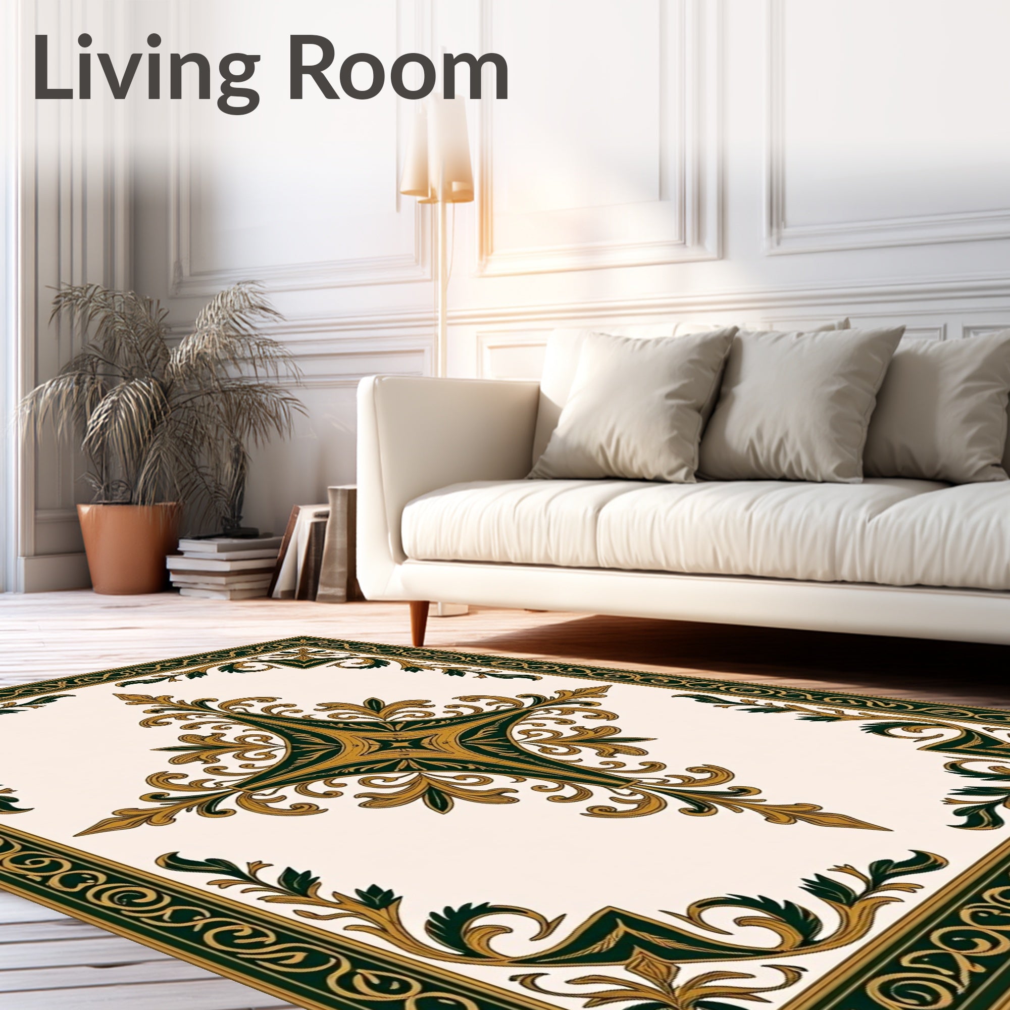 Elegant Ivory and Emerald Floral Scroll Rug