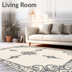 Ornate Ivory Black Decorative Scroll Rug