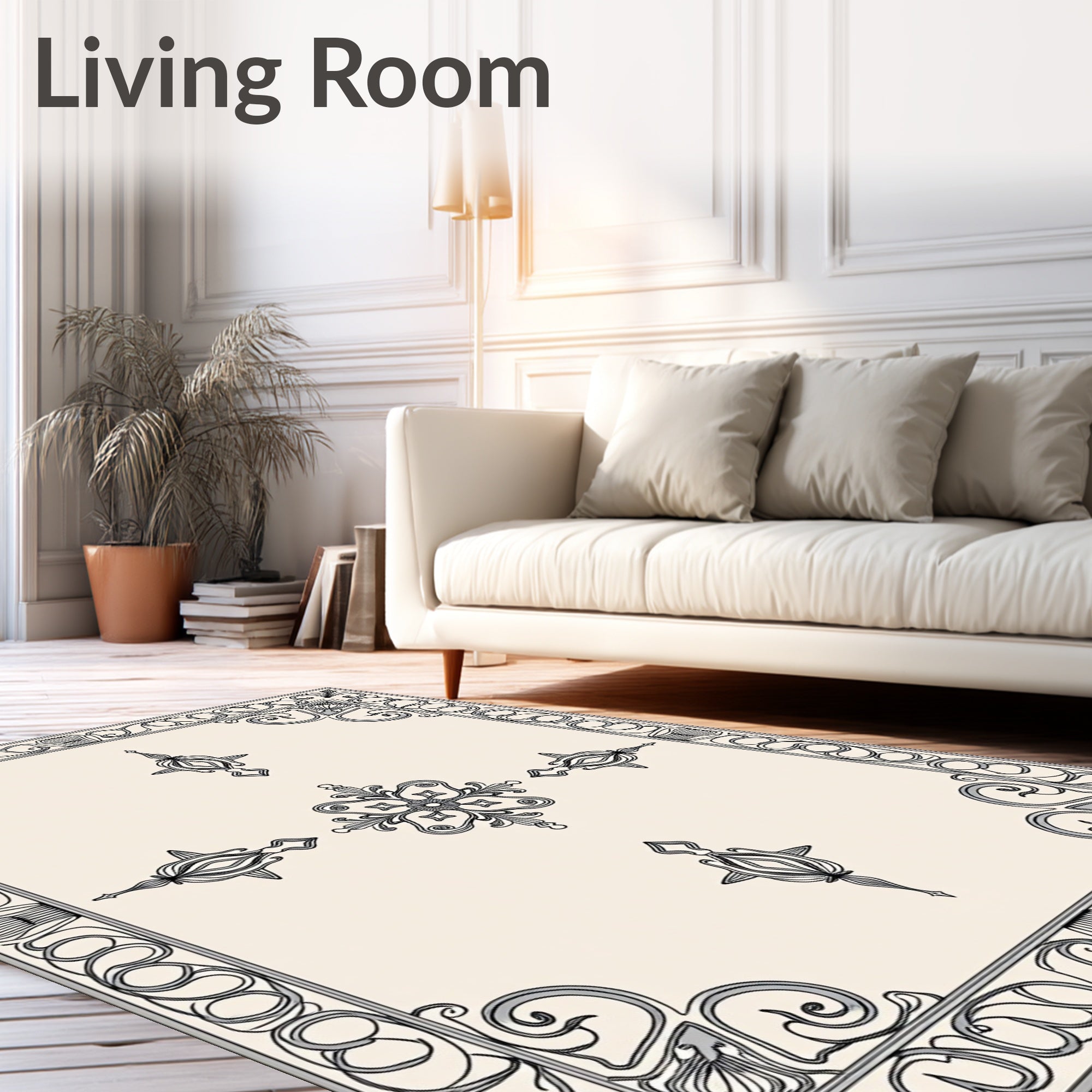 Ornate Ivory Black Decorative Scroll Rug