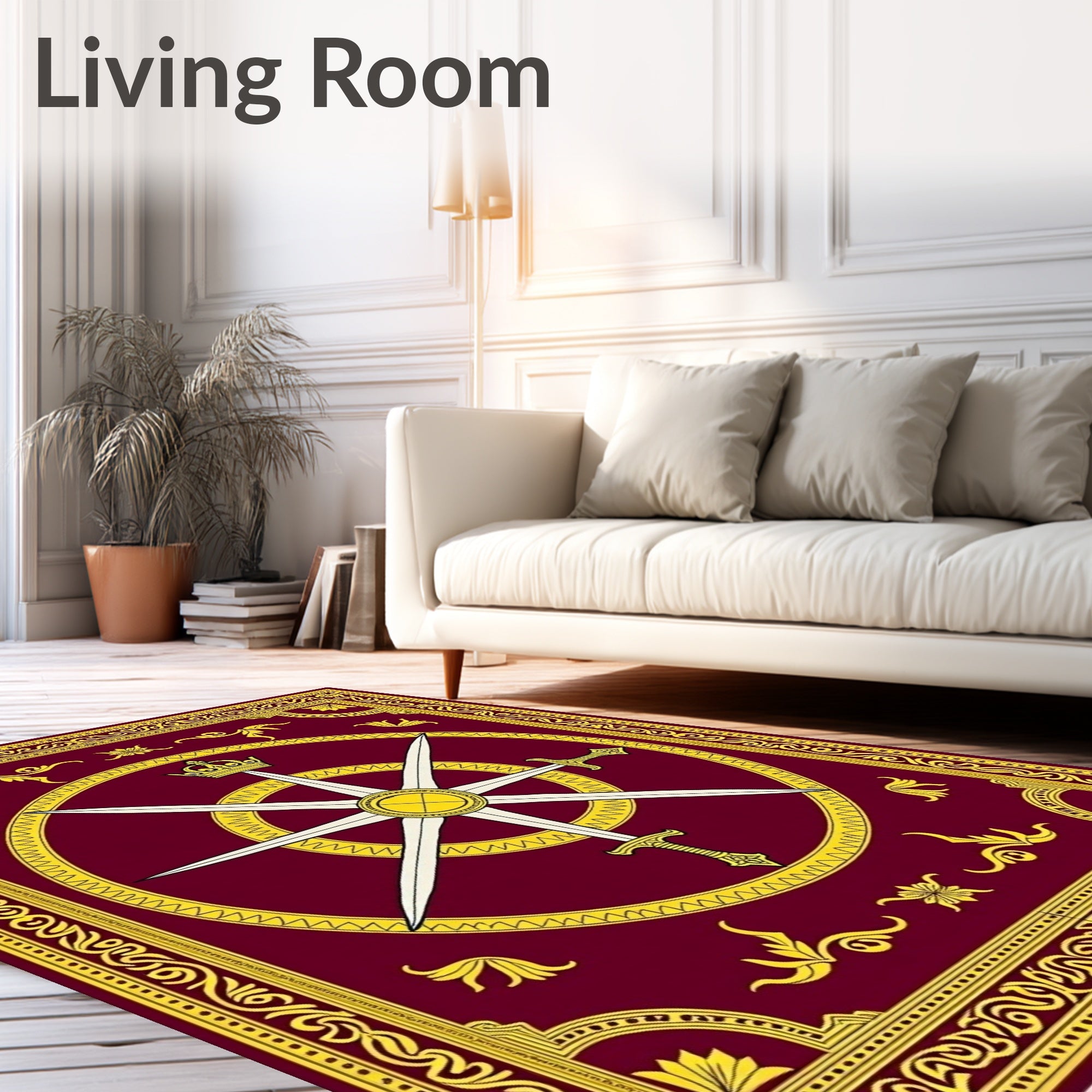 Crimson Gold Sword Compass Emblem Rug