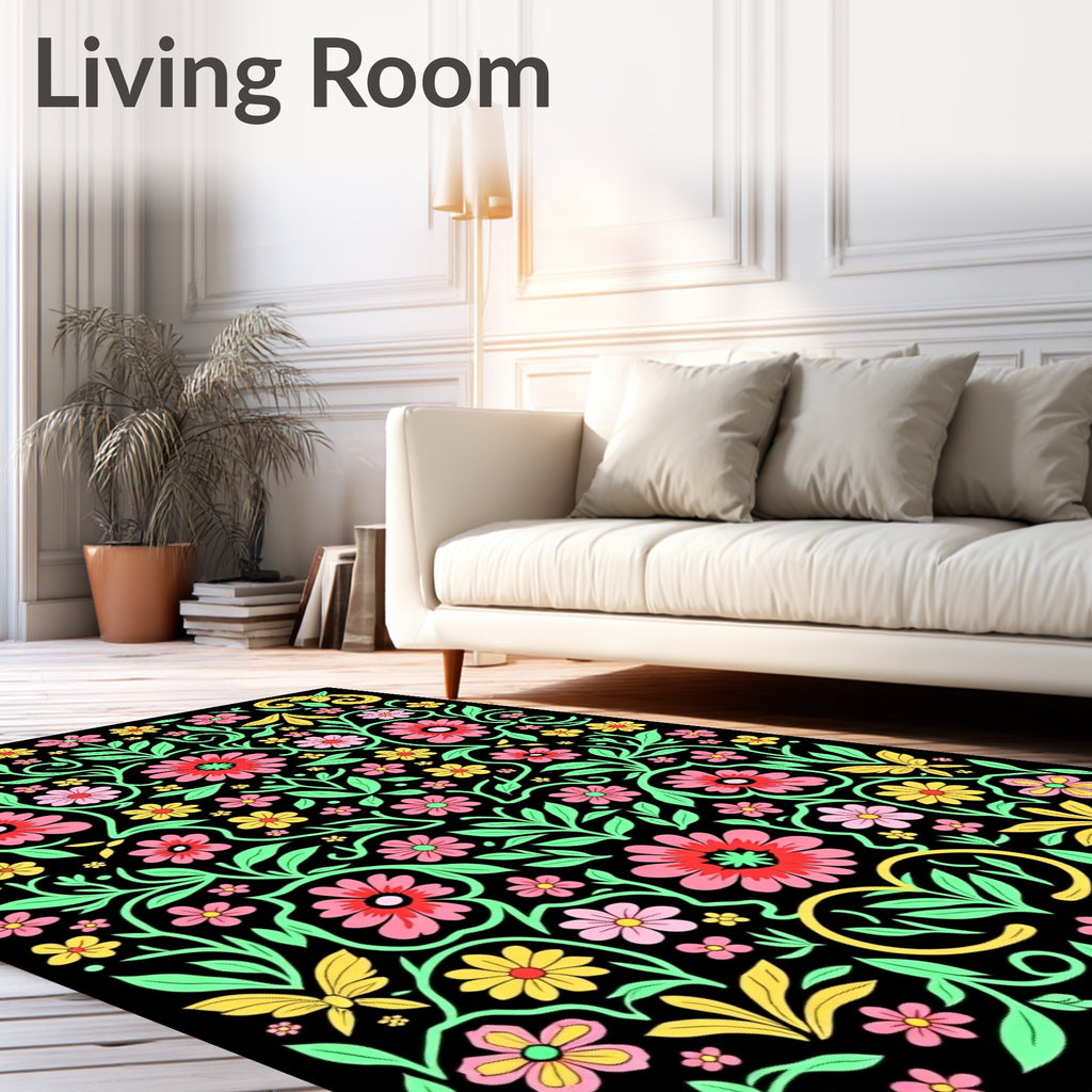Vibrant Pink Yellow Black Floral Scroll Rug