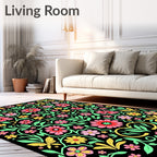 Vibrant Pink Yellow Black Floral Scroll Rug