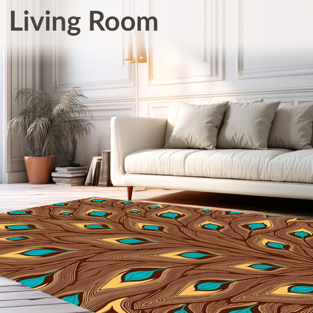 Brown Teal Gold Feathered Fan Rug