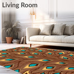 Brown Teal Gold Feathered Fan Rug