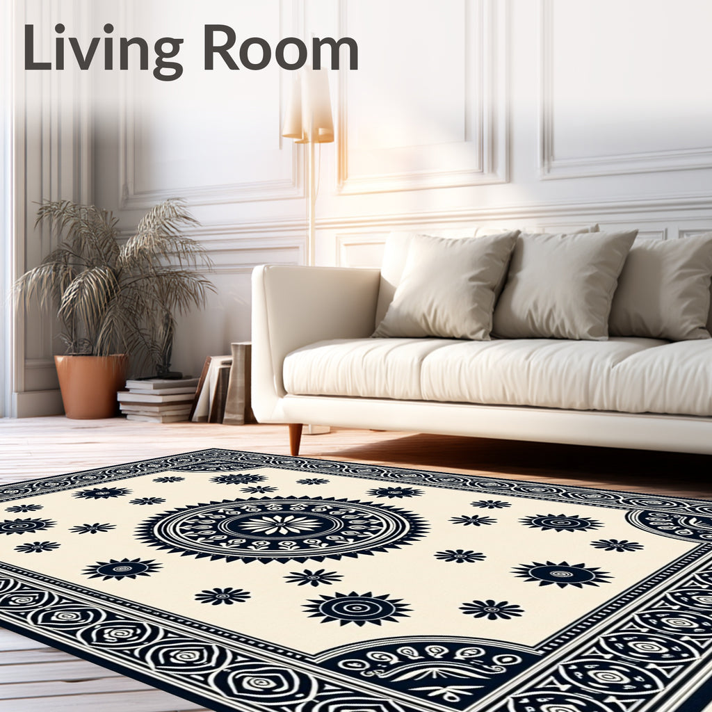 Cream and Navy Sunburst Medallion Rug