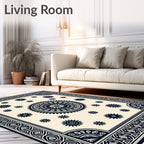 Cream and Navy Sunburst Medallion Rug