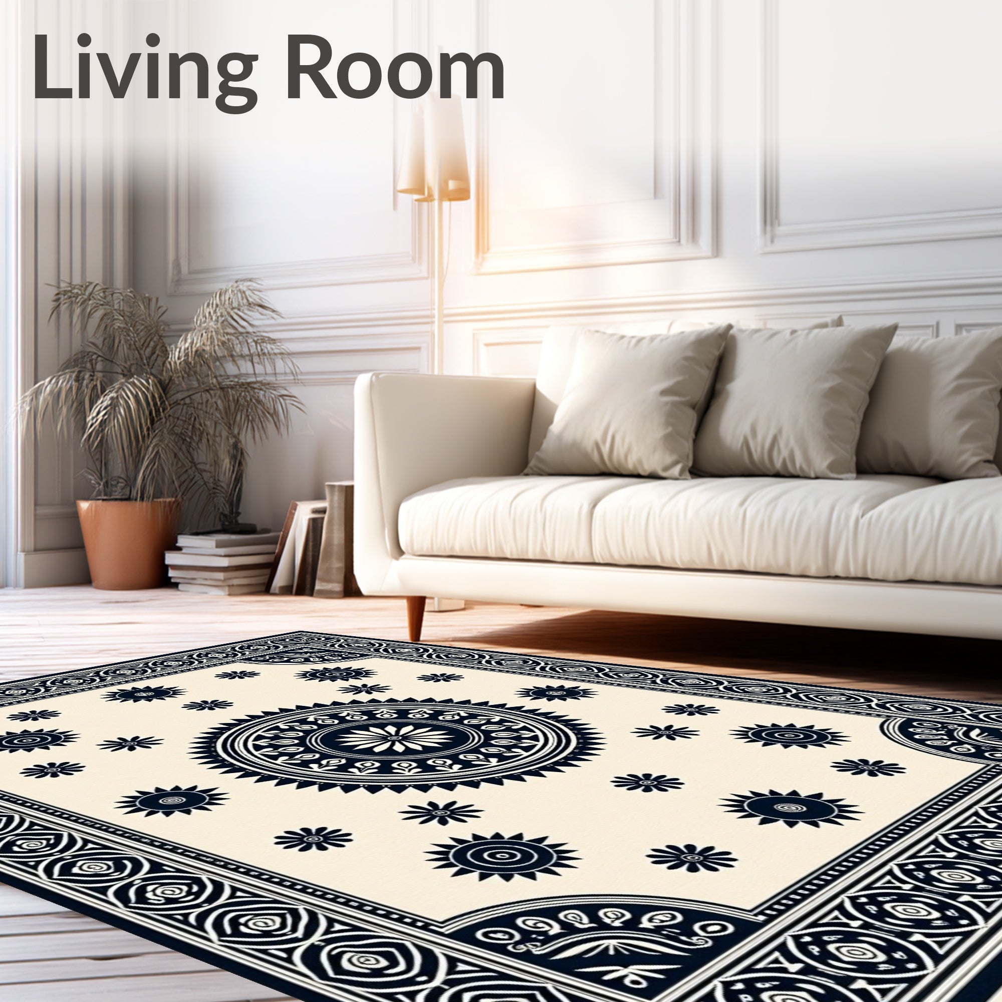 Cream and Navy Sunburst Medallion Rug