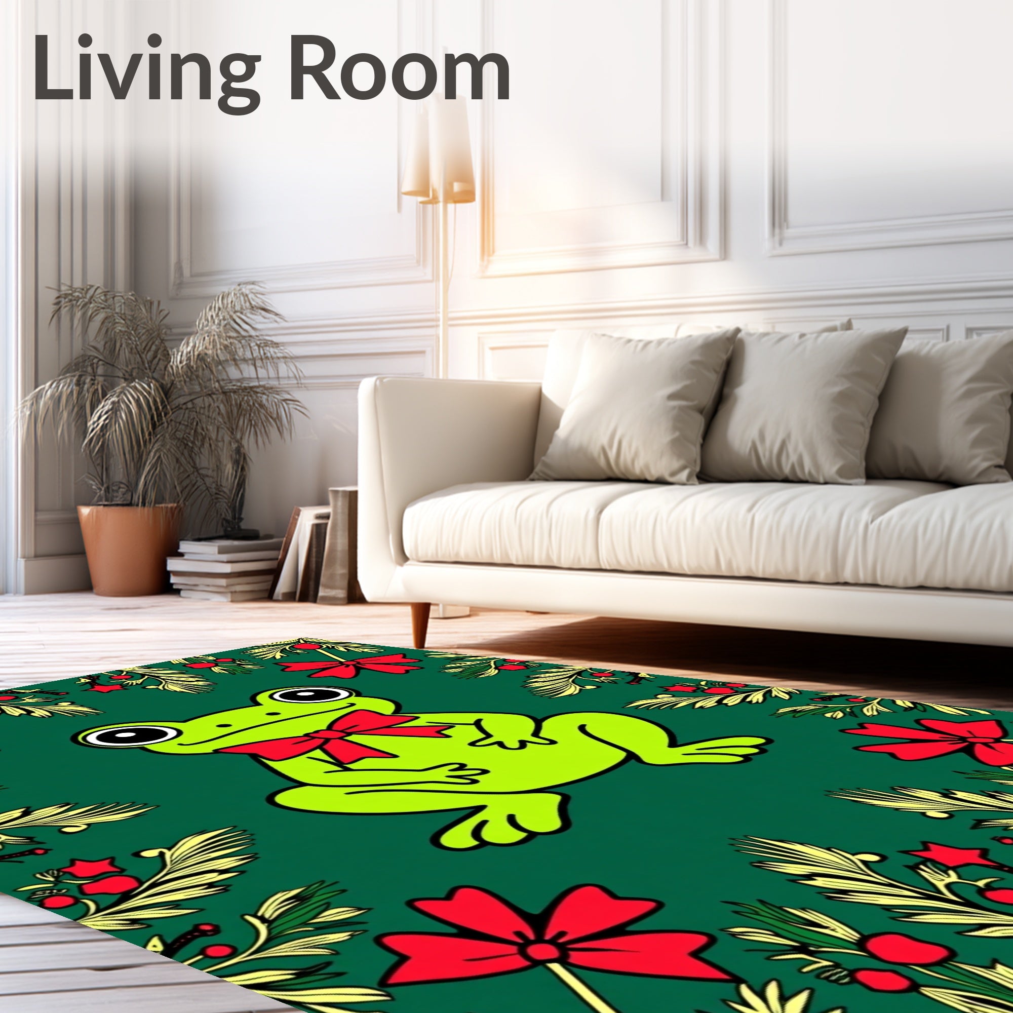 Festive Green Frog Red Bow Collage Rug