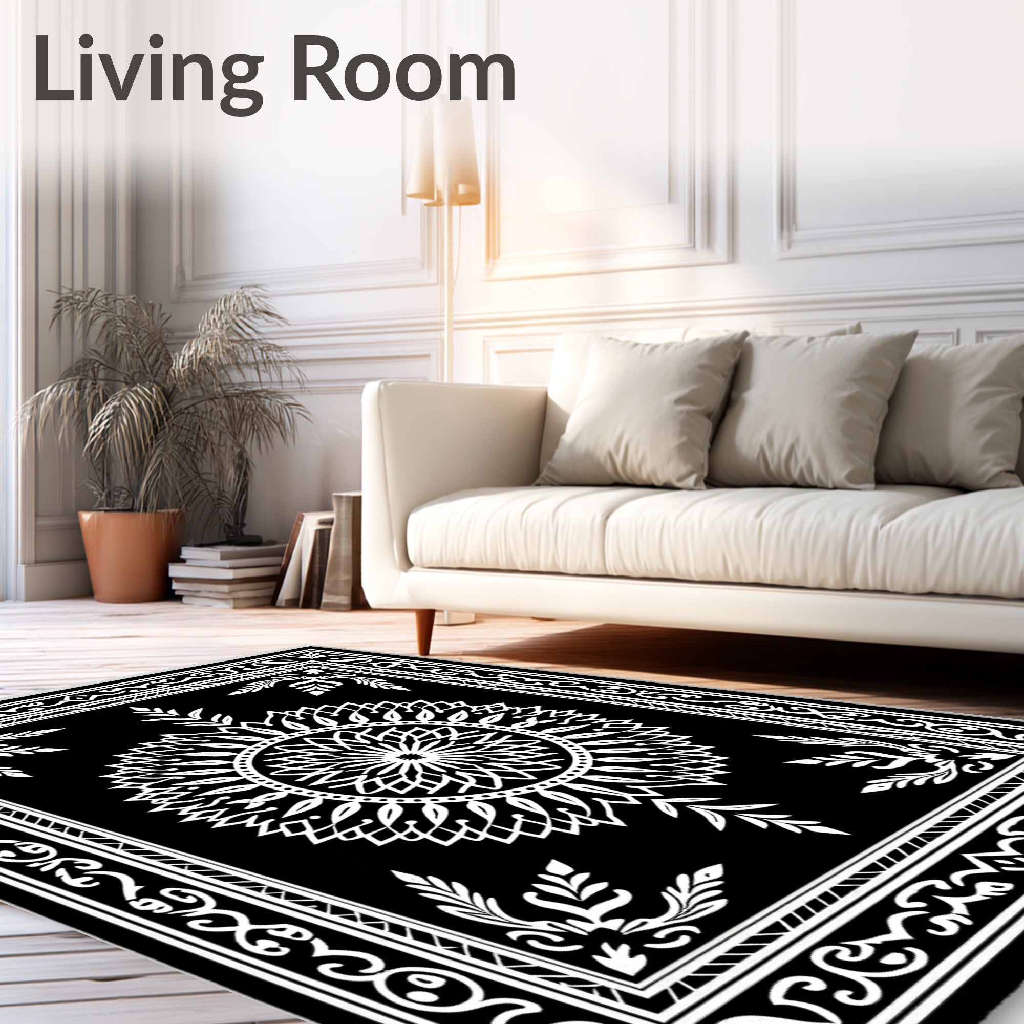 Classic Black White Medallion Floral Rug