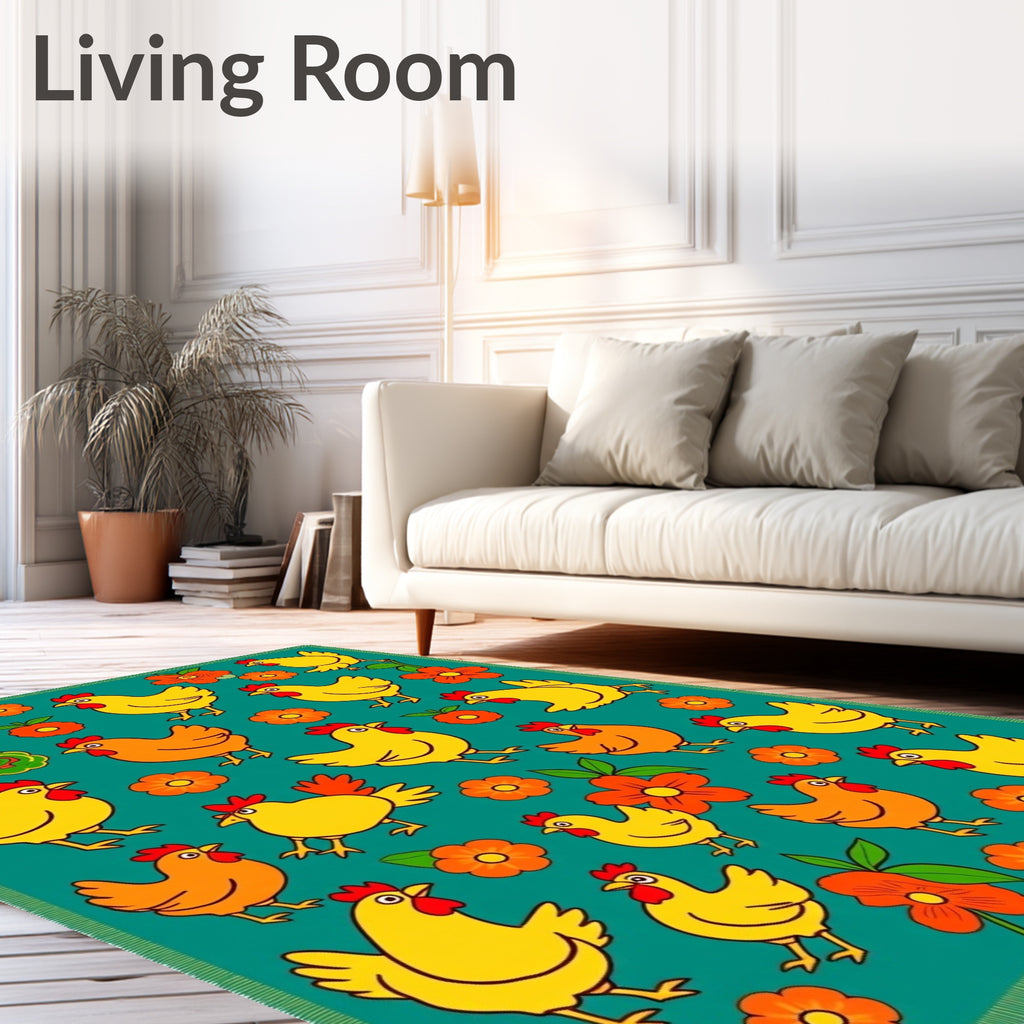 Playful Yellow Chickens Orange Flowers Rug